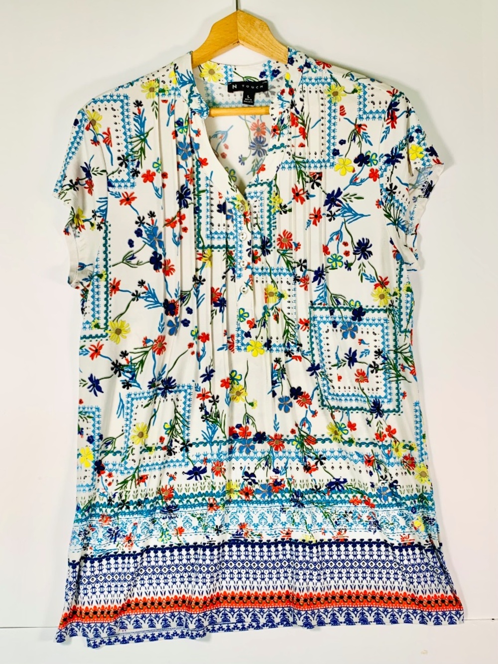 N Touch Cottagecore Floral V-Neck Button Short Sleeve Blouse Blue Yellow White